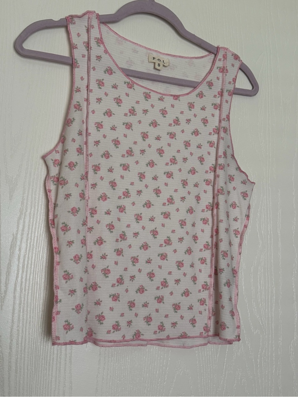 POL Pink & White Floral Ribbed Tank
